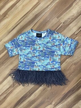 Le Superbe Hula House Party Top Feather Trim Tee size Medium $325